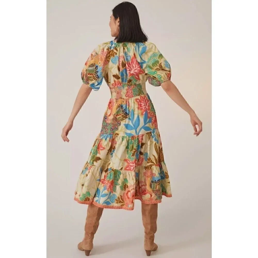 Anthropologie x Conditions Apply Puff-Sleeved Midi Dress Multicolour sz 6 US
